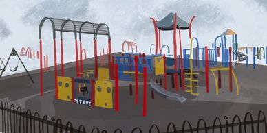 Digital Artwork of a playground, the playground is colorful and the sky is bright gray and cloudy.