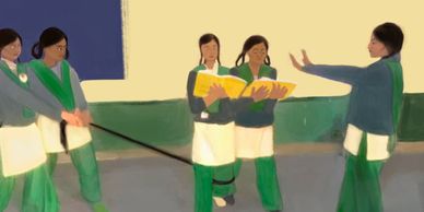 Illustration of 5 school girls doing an image theater activity, symbolizing barriers to literacy.