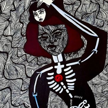 Line Work Canvas Painting of a Woman Unveiling a mask. Her bones and heart are visible.