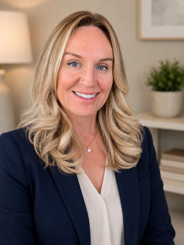 Smiling blonde woman in business attire.