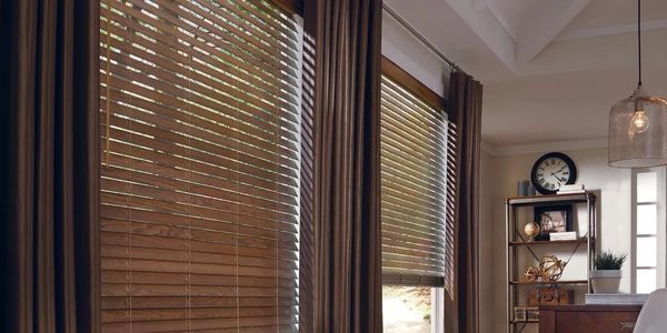 Wood Venetian blinds for home office. Omaha Window Coverings | Child Safe | Pet Safe | Cordless