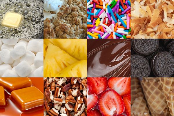 Collage of dessert ingredients including butter, marshmallows, pineapple, and chocolate.