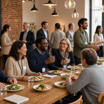 People enjoying a meal and conversation at a gathering.
