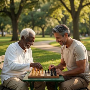 Two men smiling and playing chess outdoors.