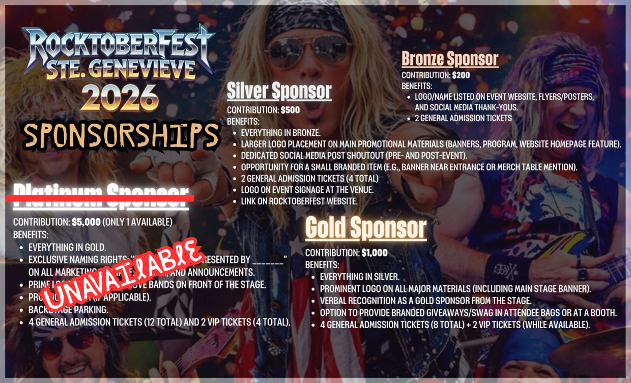 Rocktoberfest 2026 sponsorship options with Silver, Gold, and Bronze levels, Platinum unavailable.