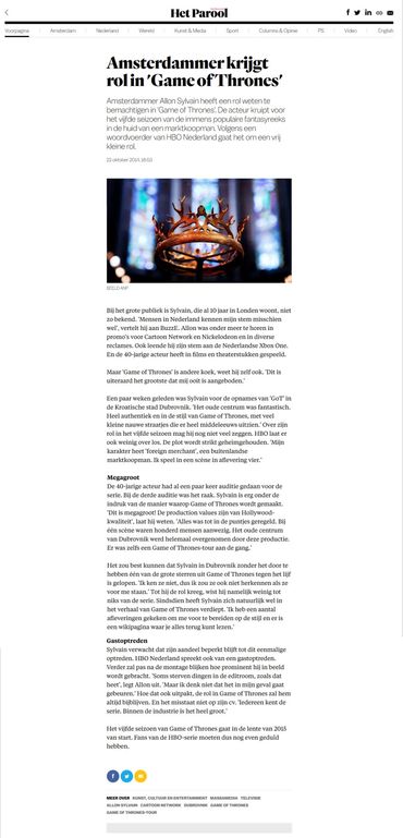 Allon Sylvain is a Dutch actor and voice actor based in london UK. Actor Game of Thrones, Het Parool