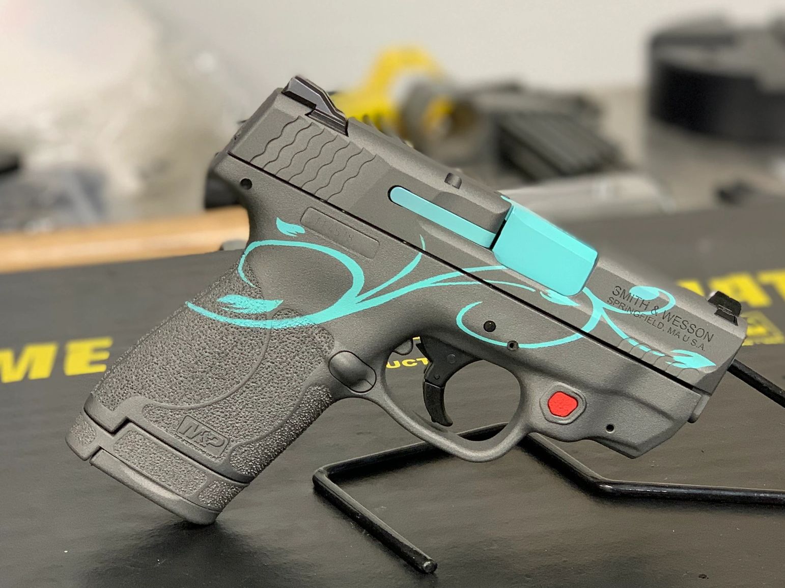 M&P in Tungsten with Robin Egg Blue floral design