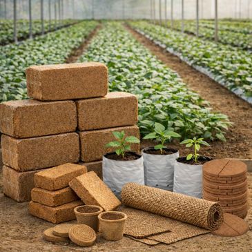 Biodegradable plant pots and growing mats displayed in a greenhouse with green plants.