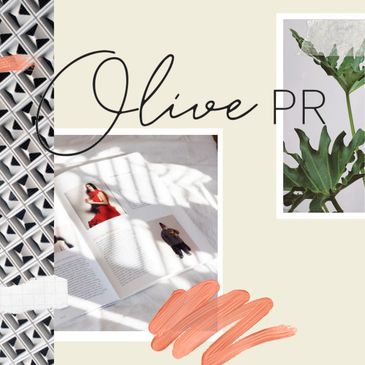 Magazine and plant collage image with Olive PR logo