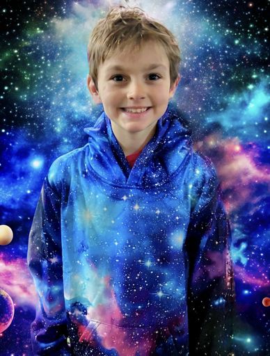 Young boy smiling in a galaxy-themed hoodie with a cosmic background.