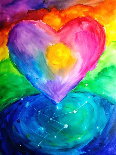 Colorful heart radiates warmth above a cosmic, starry background.