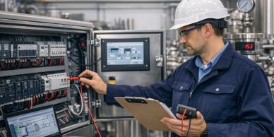 Engineer inspecting control panel in industrial facility.