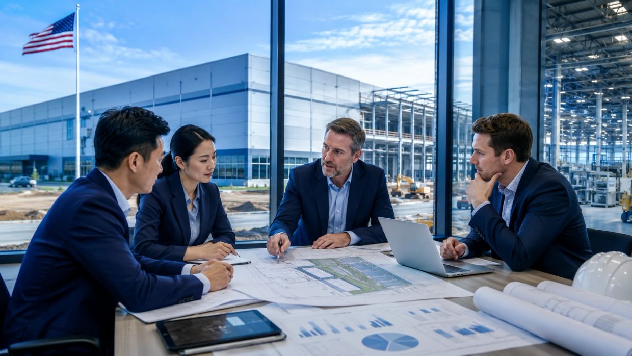 Business team discussing blueprints in a modern office.