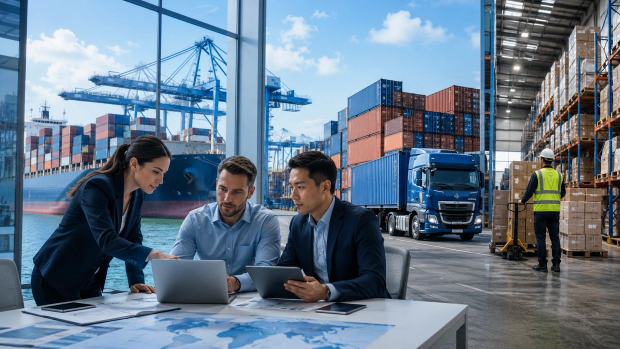 Three professionals discuss logistics with shipping containers and a truck in the background.