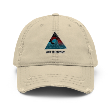 Beige cap with a triangle design and 'ART IS MONEY' text.