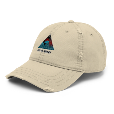 Beige distressed cap with a triangular colorful patch and 'ART IS MONEY' text.