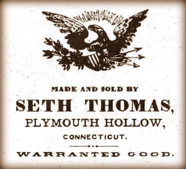 Vintage label of Seth Thomas, Plymouth Hollow, Connecticut, with an eagle illustration.