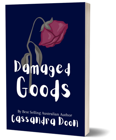 Book cover of "Damaged Goods" with a wilted red rose on dark blue background.