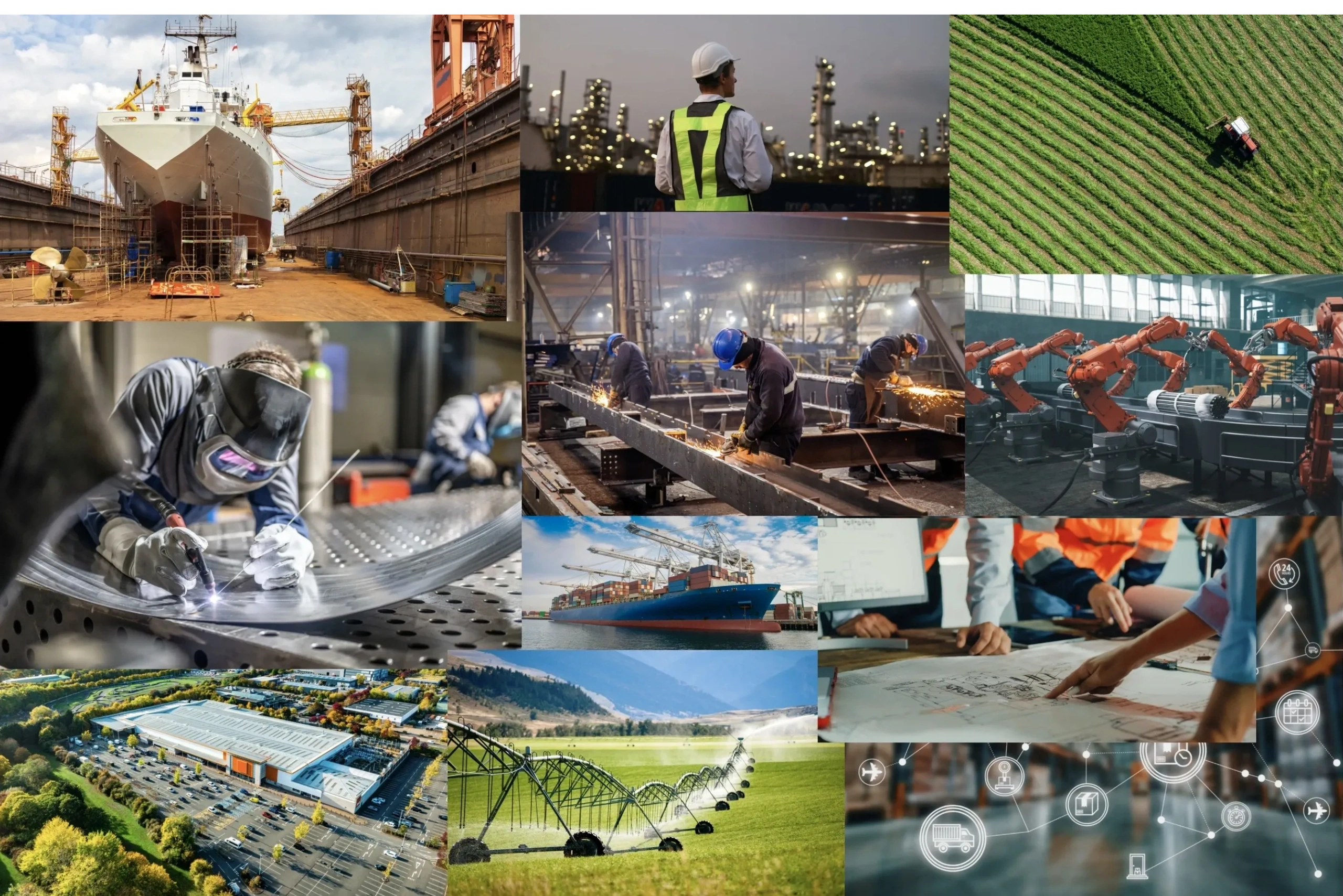 Collage showing various industries: shipping, manufacturing, agriculture, and engineering.