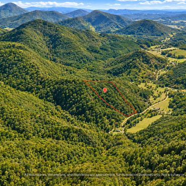Aerial of wooded foothills near Taylorsville, 9 acres for sale in Alexander County NC