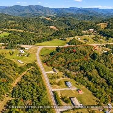 Aerial of 3.3 wooded acres for sale near Casar, Cleveland County NC, on paved NC Highway 10