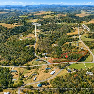 Wide aerial of land in the rolling foothills near Casar, Upper Cleveland County NC