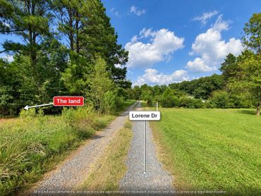 Lorene Dr gravel road in Stanly County NC, with the wooded land on the left