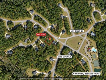 Aerial of the 0.39 acre wooded lot on Mill Creek Dr in Arlington Place, Minnesott Beach NC