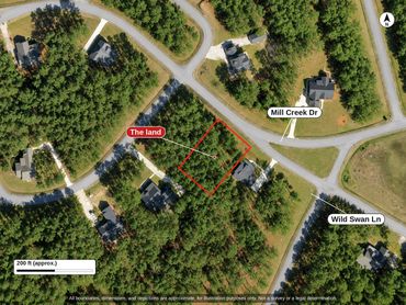 Top-down view of the wooded 0.39 acre lot on Mill Creek Dr at Wild Swan Ln, with 200 ft scale