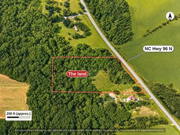 Top-down aerial of the 5.4 acre outline on NC Hwy 96 with a 200 ft scale bar