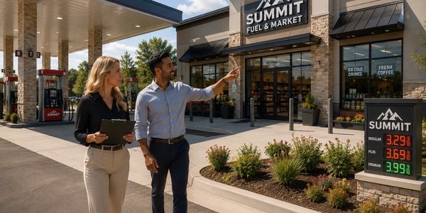 Man and woman reviewing fuel prices at Summit Fuel & Market.