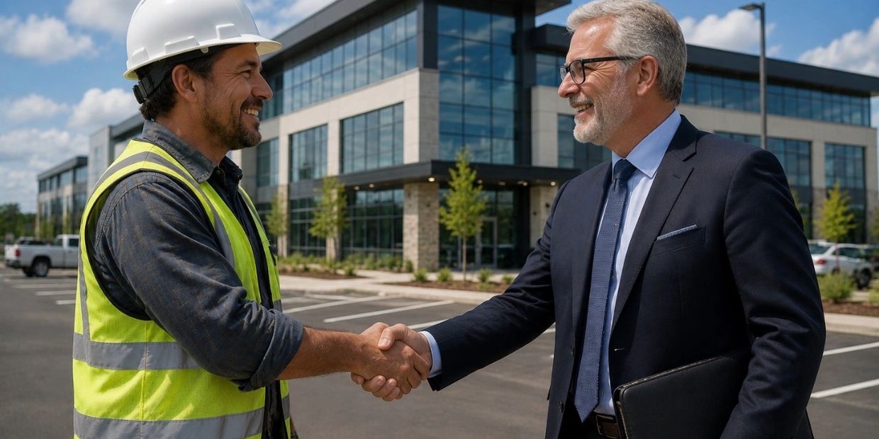 Businessman and construction worker shaking hands outside office.