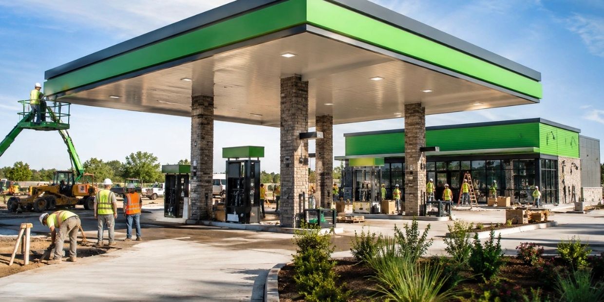 Construction workers building a modern gas station.