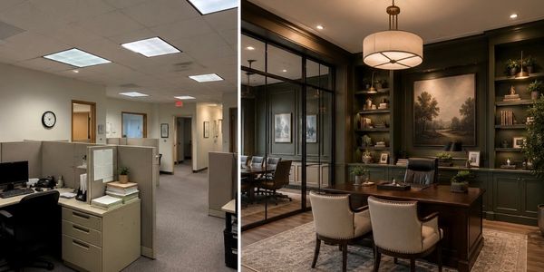 Two contrasting office spaces, one plain cubicle and one elegant executive office.