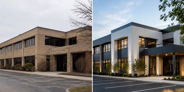Side-by-side comparison of old and modern office buildings.