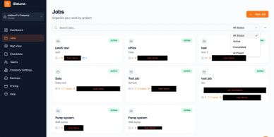 Dashboard screenshot showing job management interface with multiple projects.