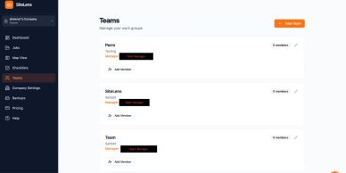 Dashboard displaying team management with three teams and their members.