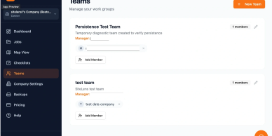 Dashboard showing teams in a company management app.