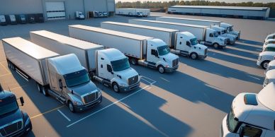 Row of semi-trailer trucks parked in a lot at sunset.