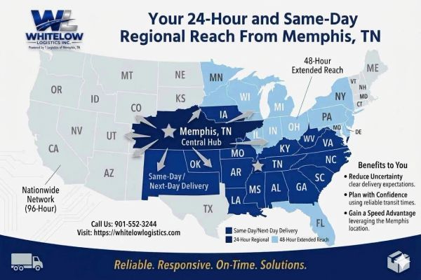 Map showing Whitelow Logistics' regional reach from Memphis, TN for delivery services.