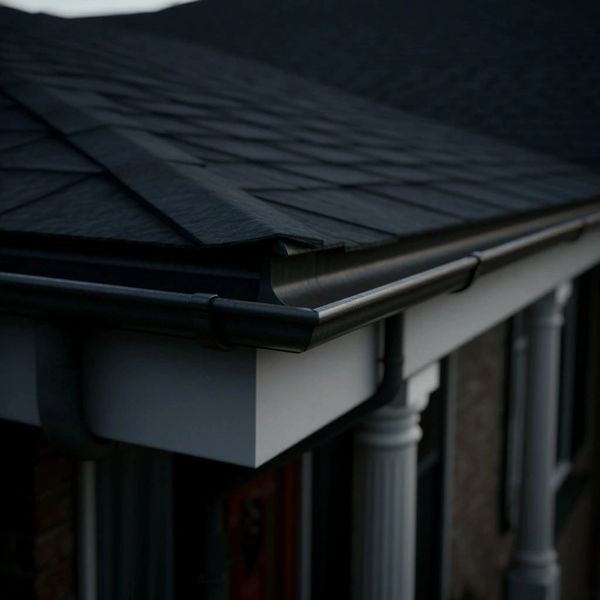 Close-up of a house roof with dark shingles and a clean gutter system.