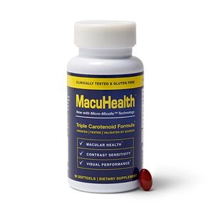 a blue and yellow bottle of the macuhealth supplements