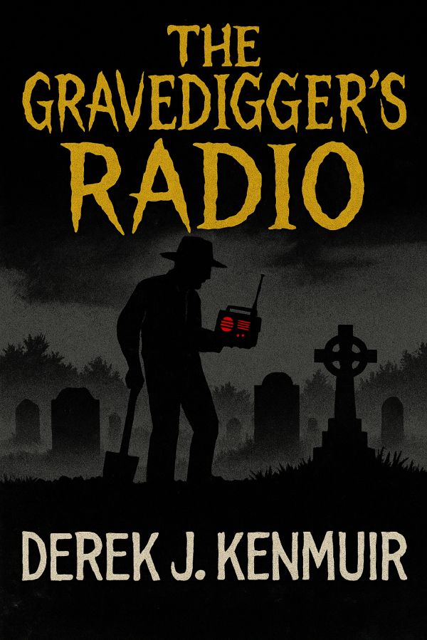 Silhouette of a gravedigger holding a radio in a dark graveyard at night.
