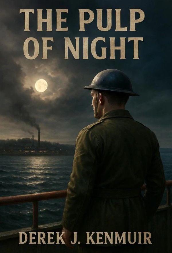 A soldier stands on a ship at night, looking towards a smoky industrial shore under a full moon.