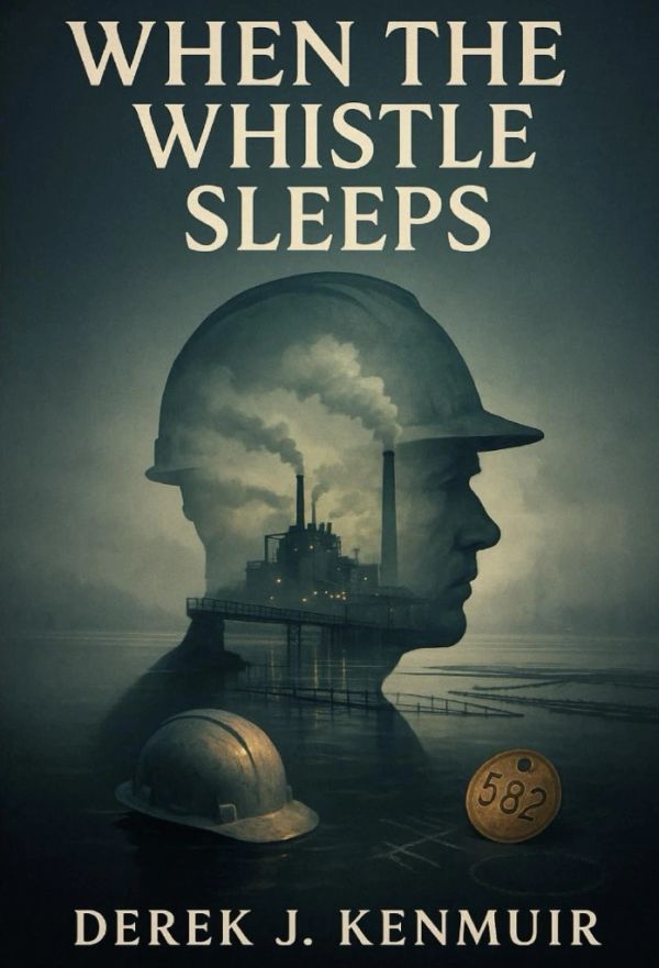Book cover showing a miner's silhouette with an industrial plant inside, titled 'When the Whistle Sleeps'.