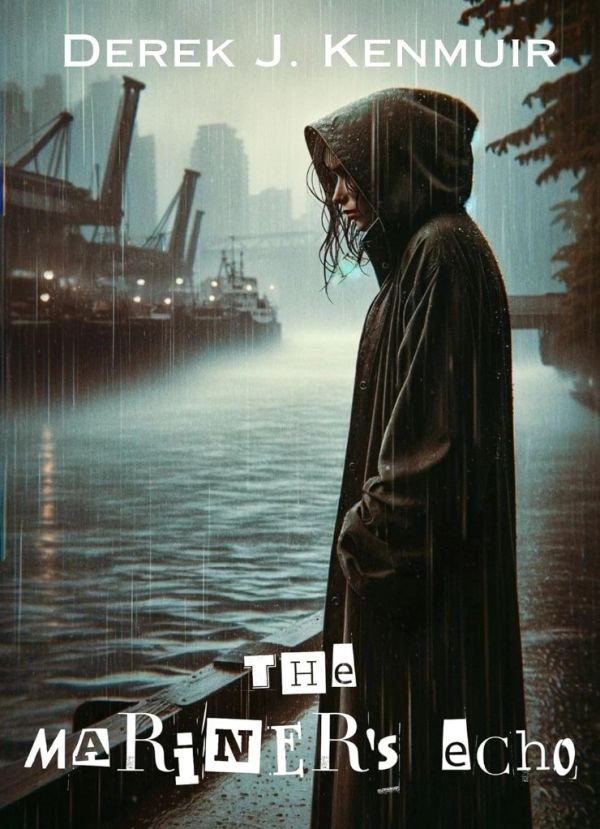 A woman in a raincoat stands by a rainy, industrial dockside at dusk.