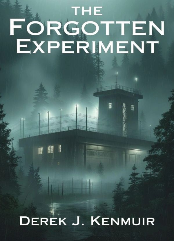 Mysterious, foggy facility in the forest with the title The Forgotten Experiment.