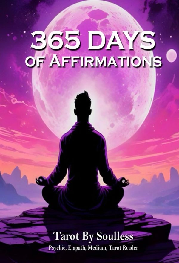 Silhouette meditating under a large pink moon with affirmation text.
