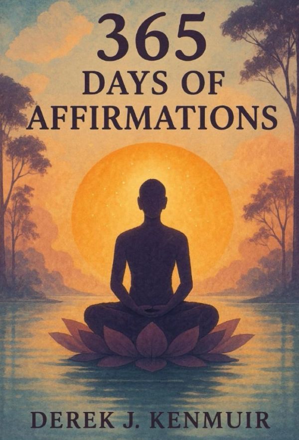 A person meditating on a lotus with a glowing sun and text about affirmations.