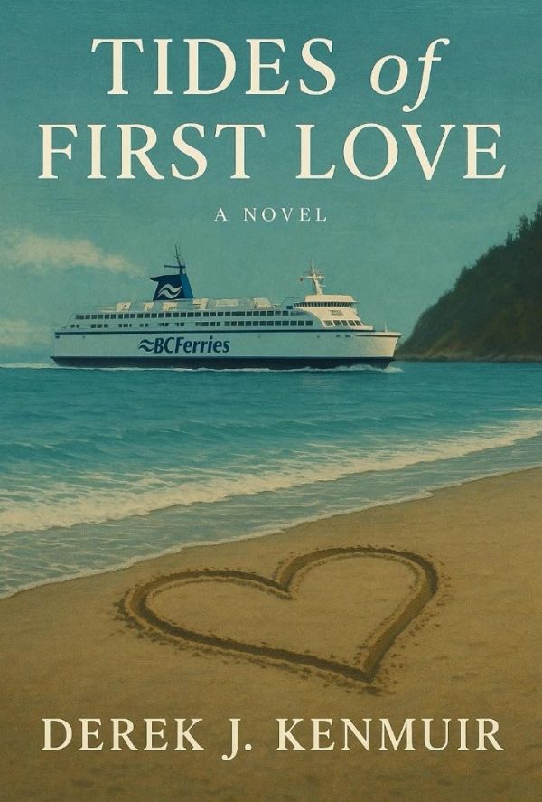 Book cover of "Tides of First Love" with ferry and heart in sand.